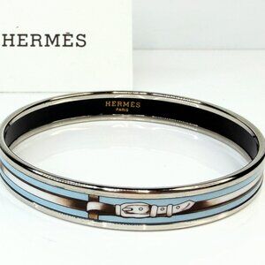 Vintage Hermès Enamel Bangle Bracelet Blue Belt Motif Palladium GS777